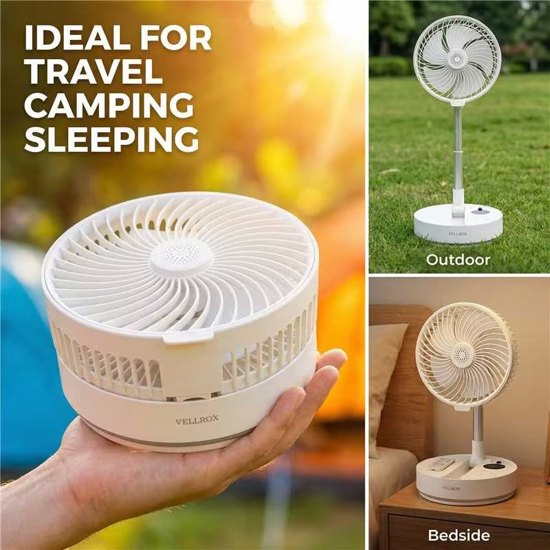 Foldable Height-Adjustable Fan, 4 Speeds with Oscillation, Timer, Dimmable Light & Remote Control, Rechargeable