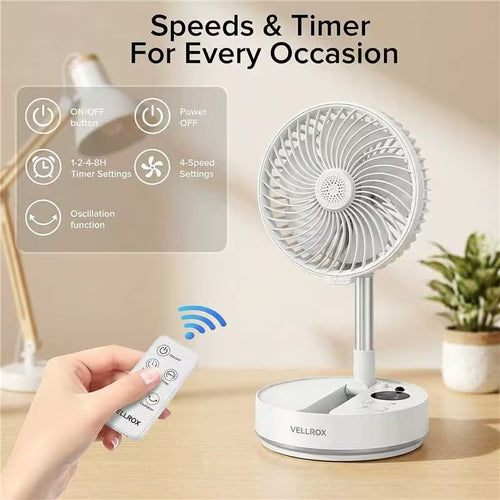 Foldable Height-Adjustable Fan, 4 Speeds with Oscillation, Timer, Dimmable Light & Remote Control, Rechargeable